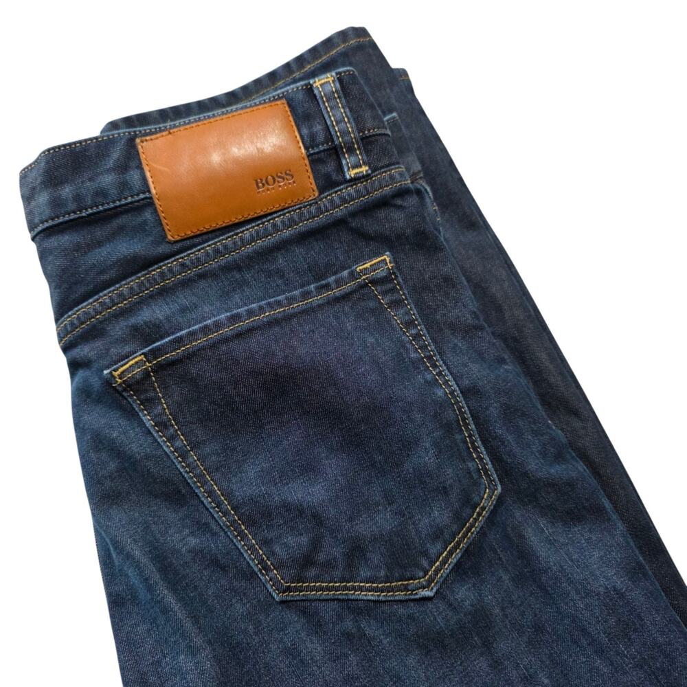 Hugo Boss Men's Straight Jeans in Dark Blue with Tan Leather Patch
